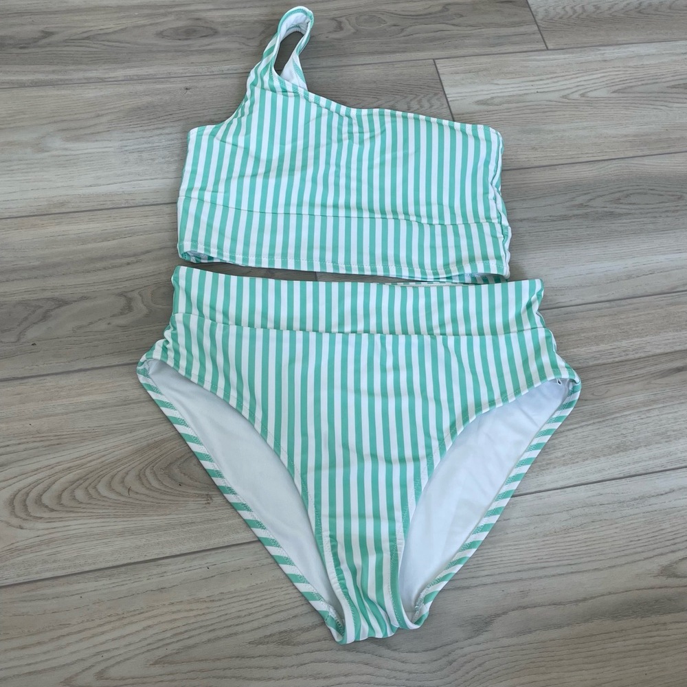 Old Navy Mint Green and White Striped One-Shoulder Bikini